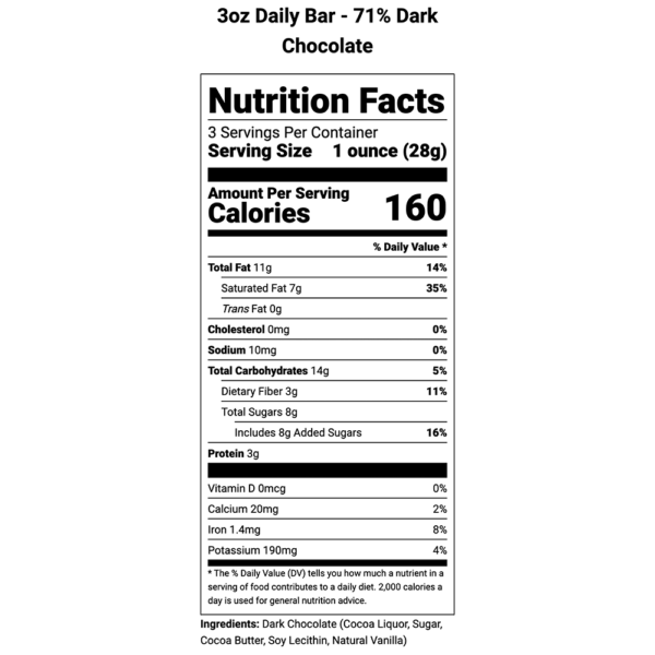 Nutritional Information-3oz Chocolate Bar, 71% Dark Chocolate