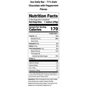 Nutritional Information-3oz Chocolate Bar, 71% Peppermint